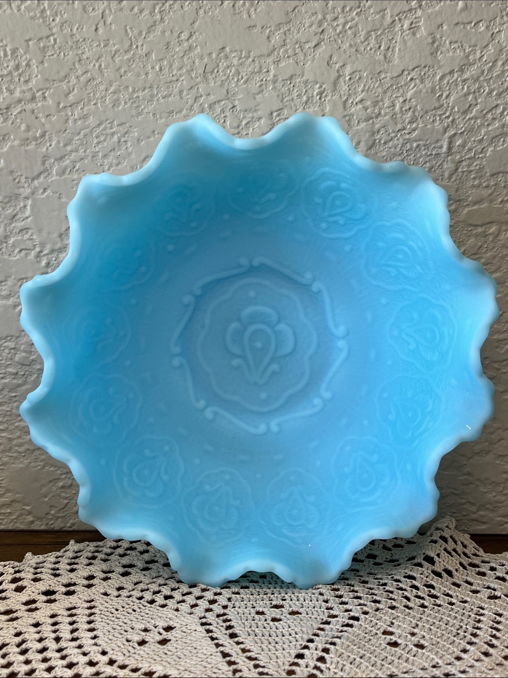 Vintage Fenton Persian Medallion Blue Satin Glass Ruffled Bowl with Fenton Stick